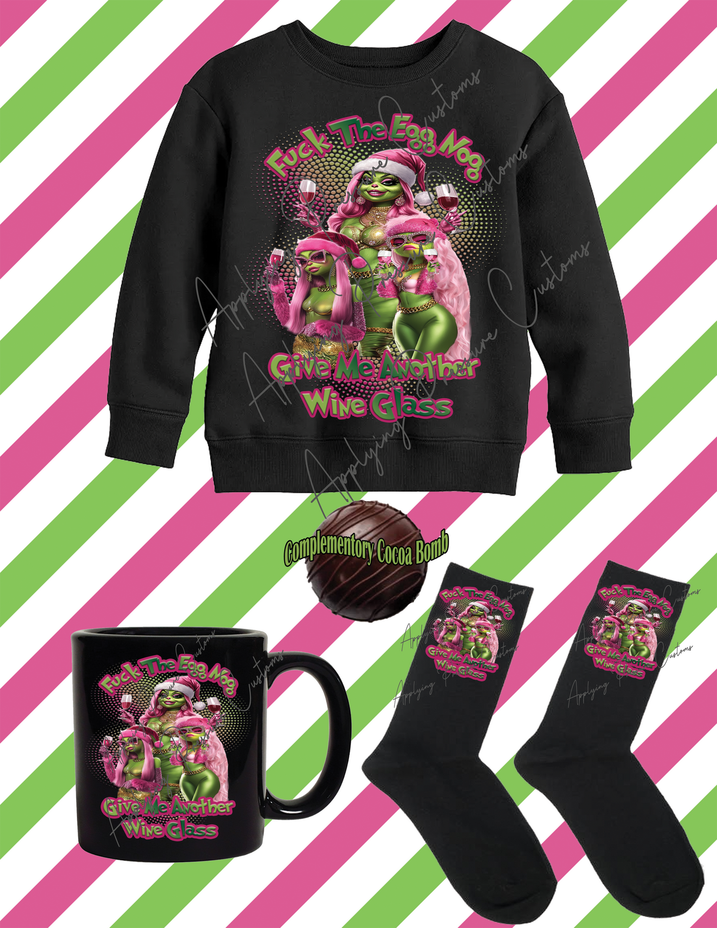 Ready To Press Mean Green Christmas Sweatshirt Bundle with a complimentary Cocoa Bomb (Applying Pressure Customs watermark will be removed)