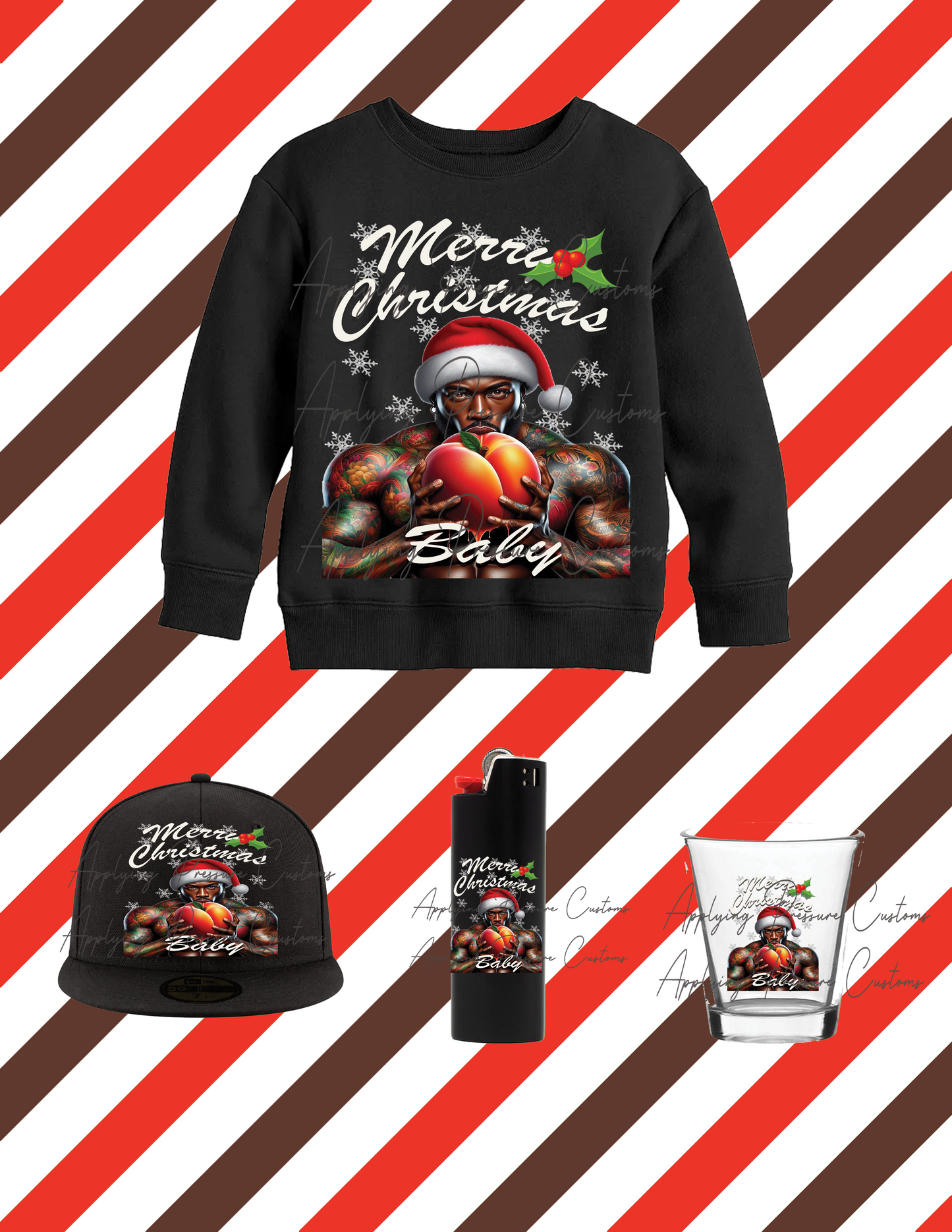 Ready To Press Christmas Sweatshirt Bundle (Sweatshirt, Hat, Shot Glass and Lighter) (Applying Pressure Customs watermark will be removed)
